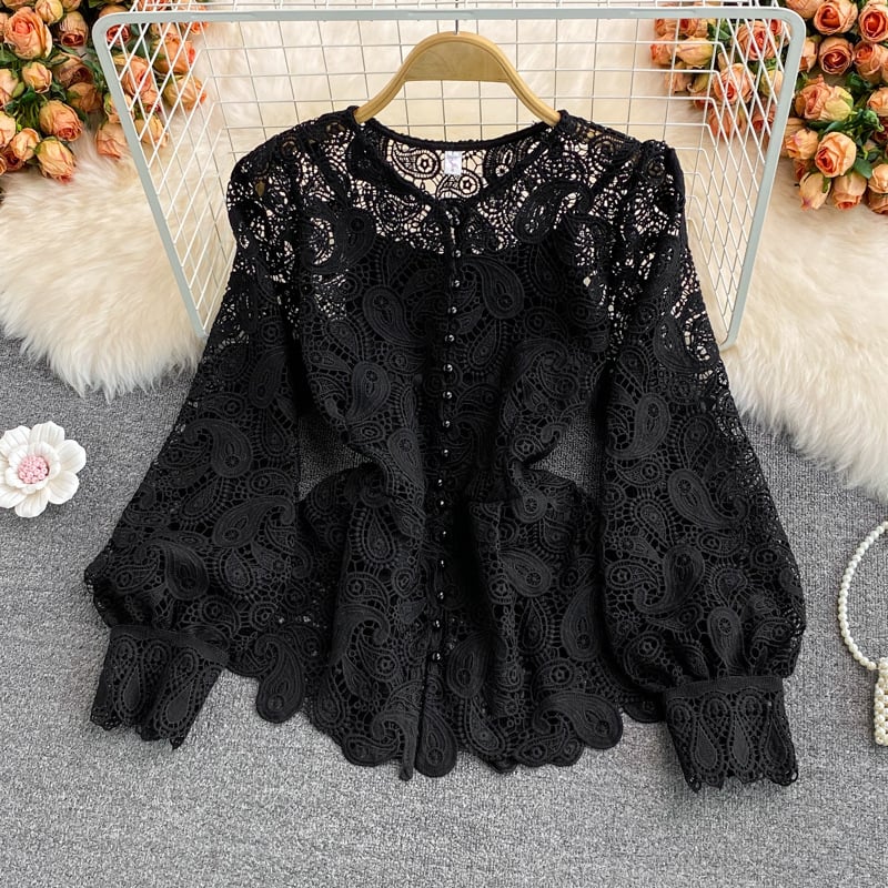 Retro Style Round Neck Hollow Crochet Lace Shirt