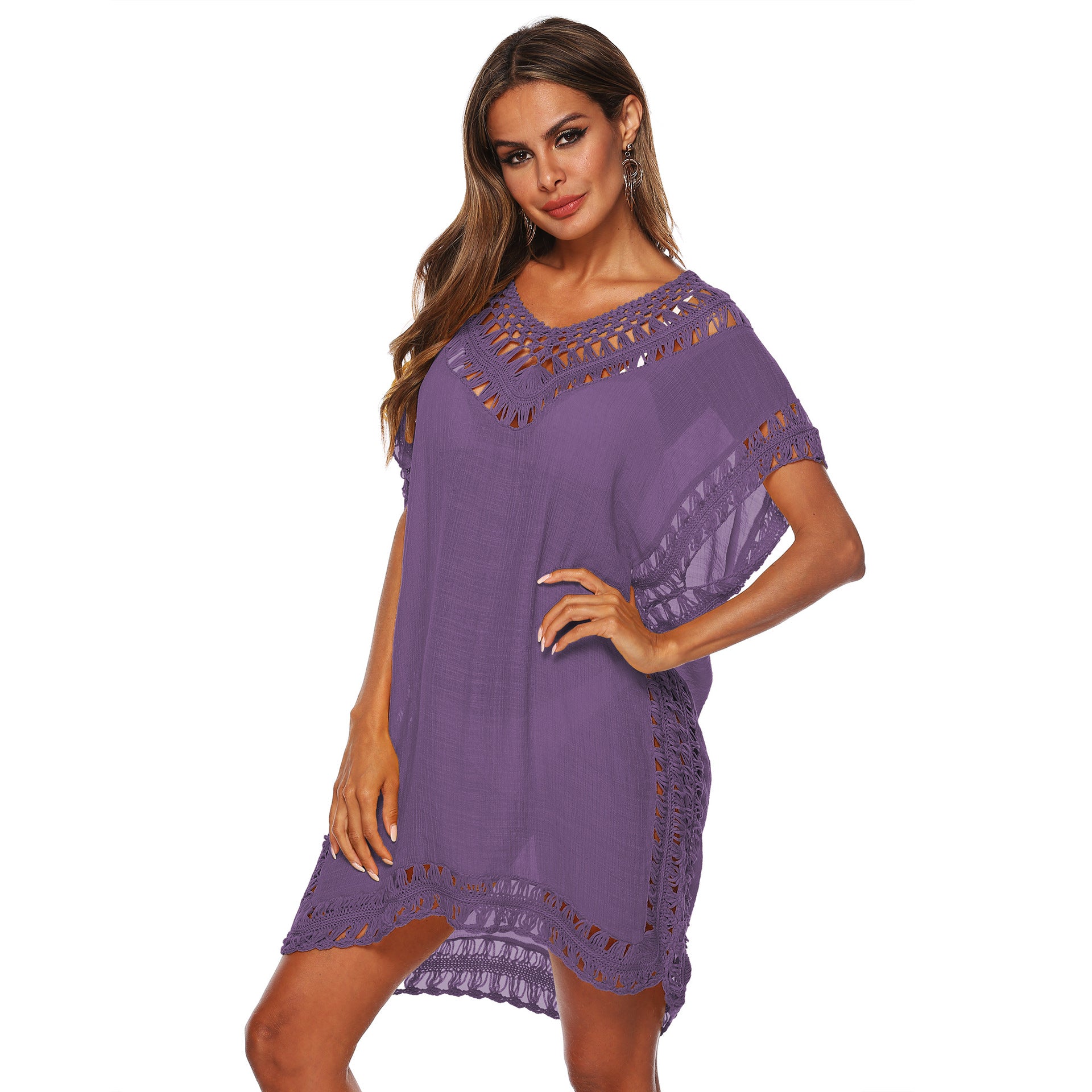 Solid Color V-Neck Crochet Beach Cover-Up Dress A1965