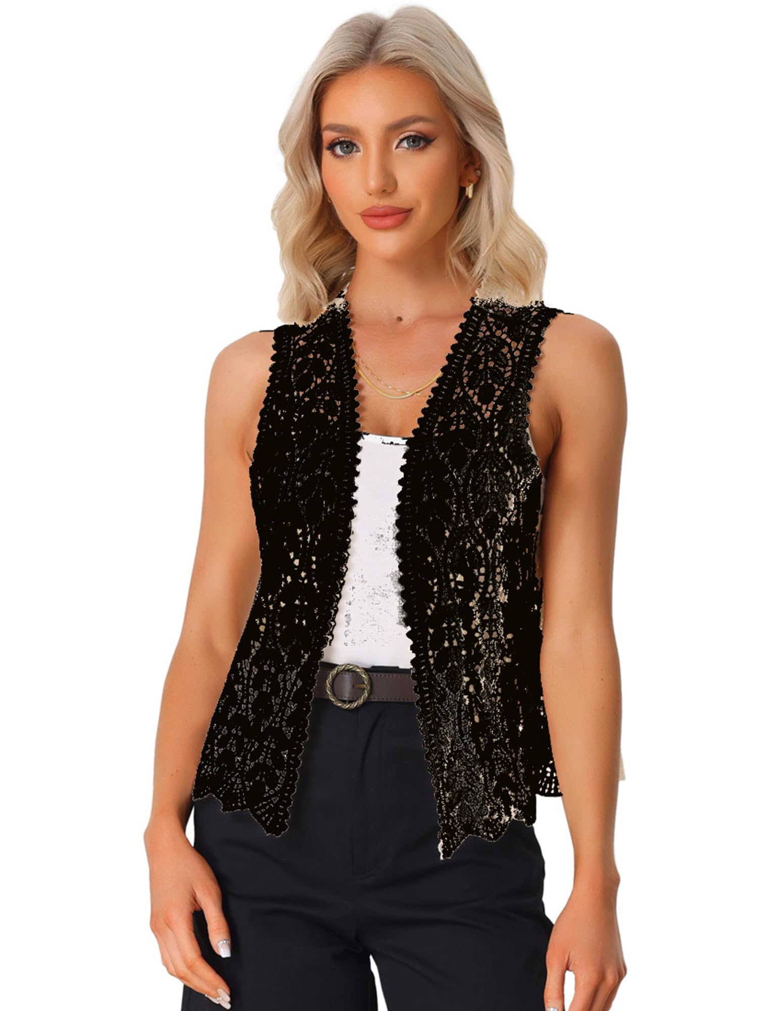 Allegra K Womens Floral Crochet Hollow Out Sleeveless Open Front Boho Vest Cardigan Medium Black