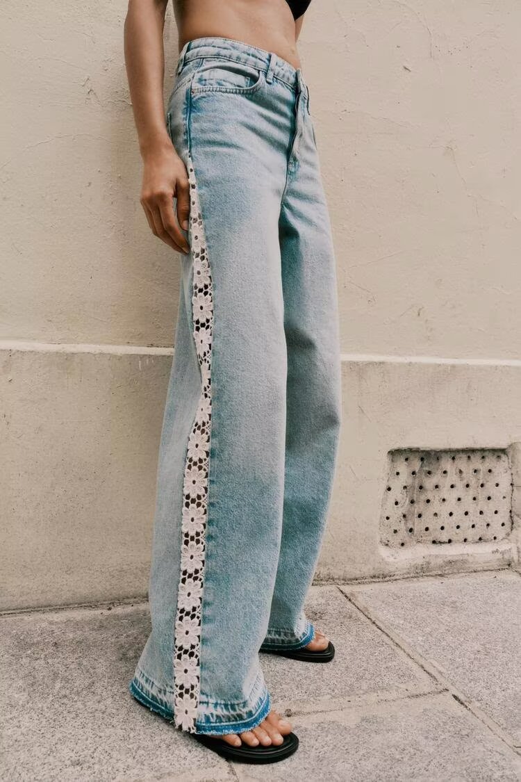 Women Clothing Spring Autumn Crochet Stitching High Waist Wide Leg Jeans
