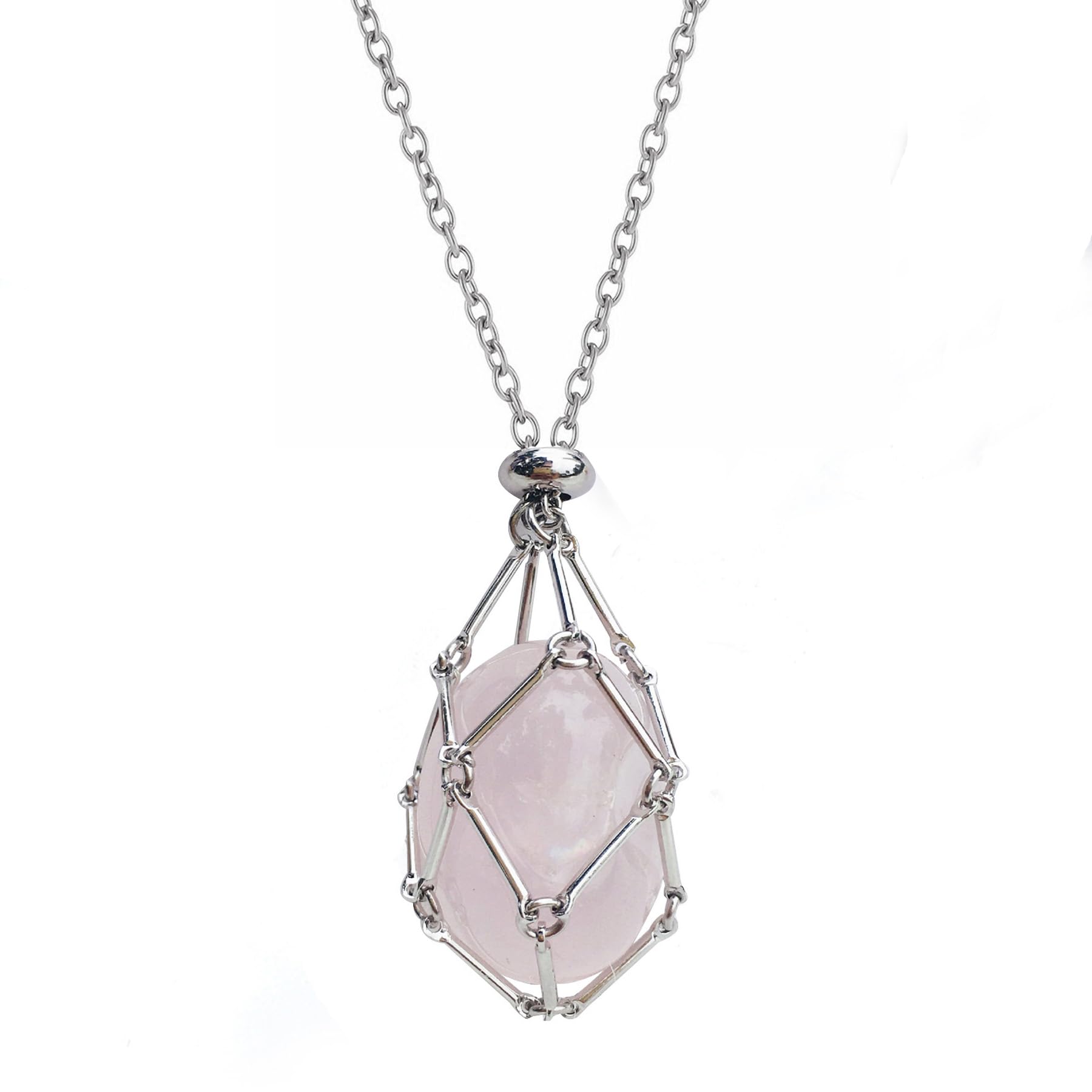 Kingdong Handmade Crystal Holder Necklace - Stainless Steel Cage for Stone - Crystal Stone Holder Necklace Adjustable Length Crystal Jewelry for Women Men (Pink Quartz)