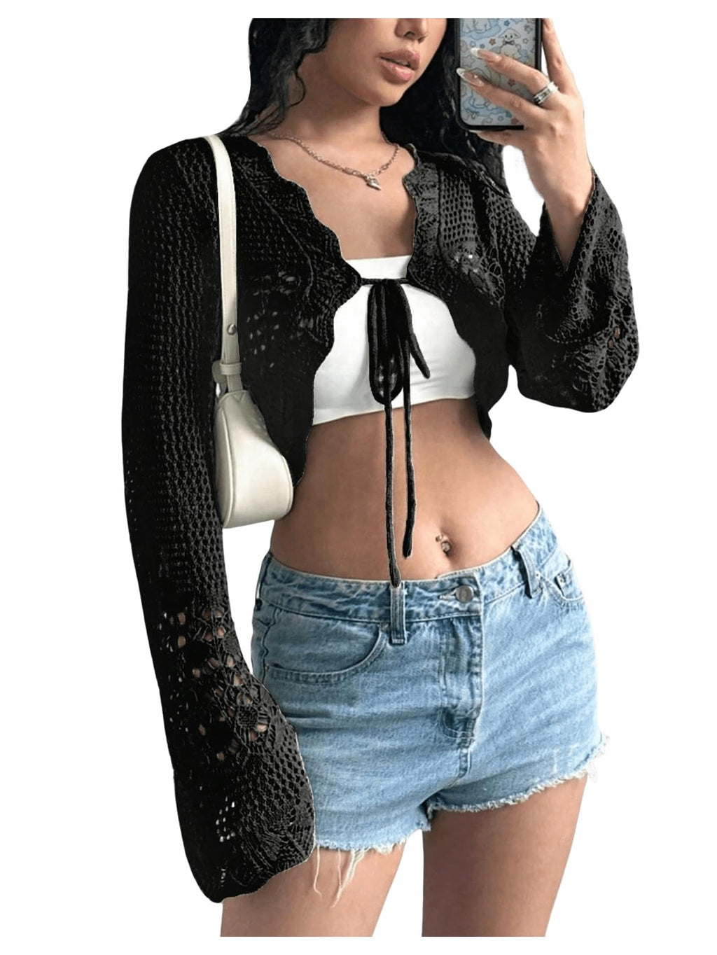 SHENHE Womens Hollow Out Tie Up Bell Sleeve Cropped Cardigan Sheer Crochet Shrug Bolero Black Large
