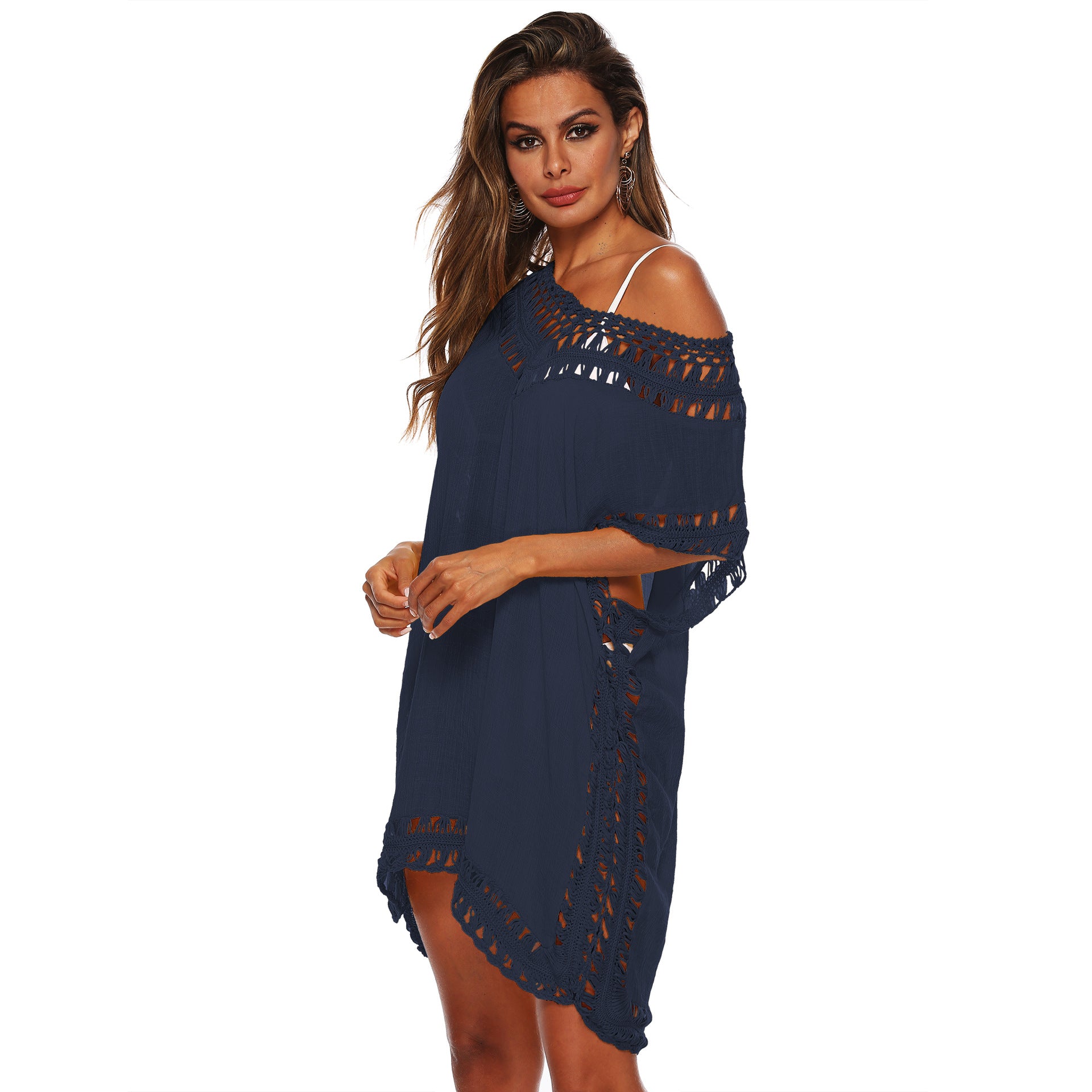 Solid Color V-Neck Crochet Beach Cover-Up Dress A1965