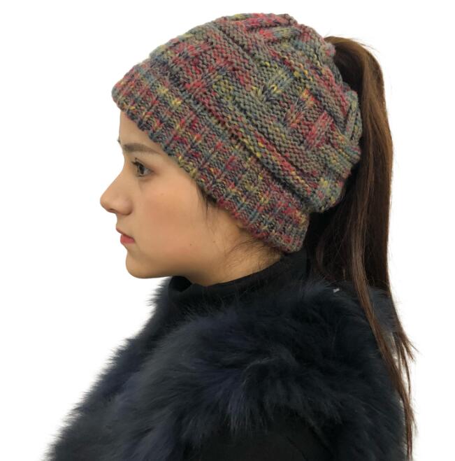 Colorful Bamboo Knit Ponytail Beanie Hat