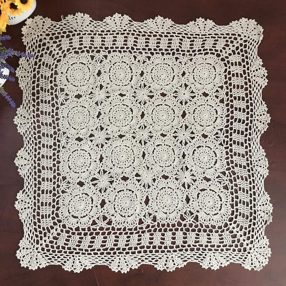 Hetao 100% Cotton Handmade Crochet Square Tablecloth Doilies Lace Table CoversBeige 23 Inch