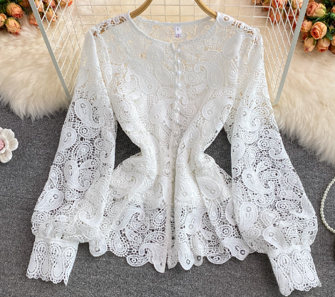 Retro Style Round Neck Hollow Crochet Lace Shirt