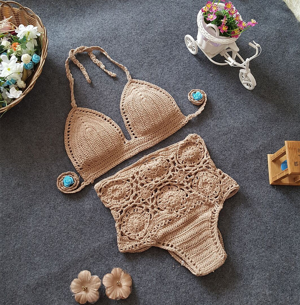 High-Waisted Solid Color Crochet Bikini Set