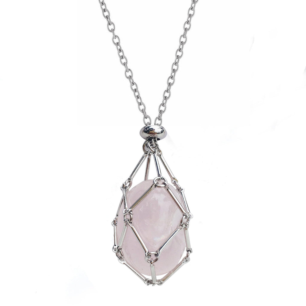 Kingdong Handmade Crystal Holder Necklace - Stainless Steel Cage for Stone - Crystal Stone Holder Necklace Adjustable Length Crystal Jewelry for Women Men (Pink Quartz)