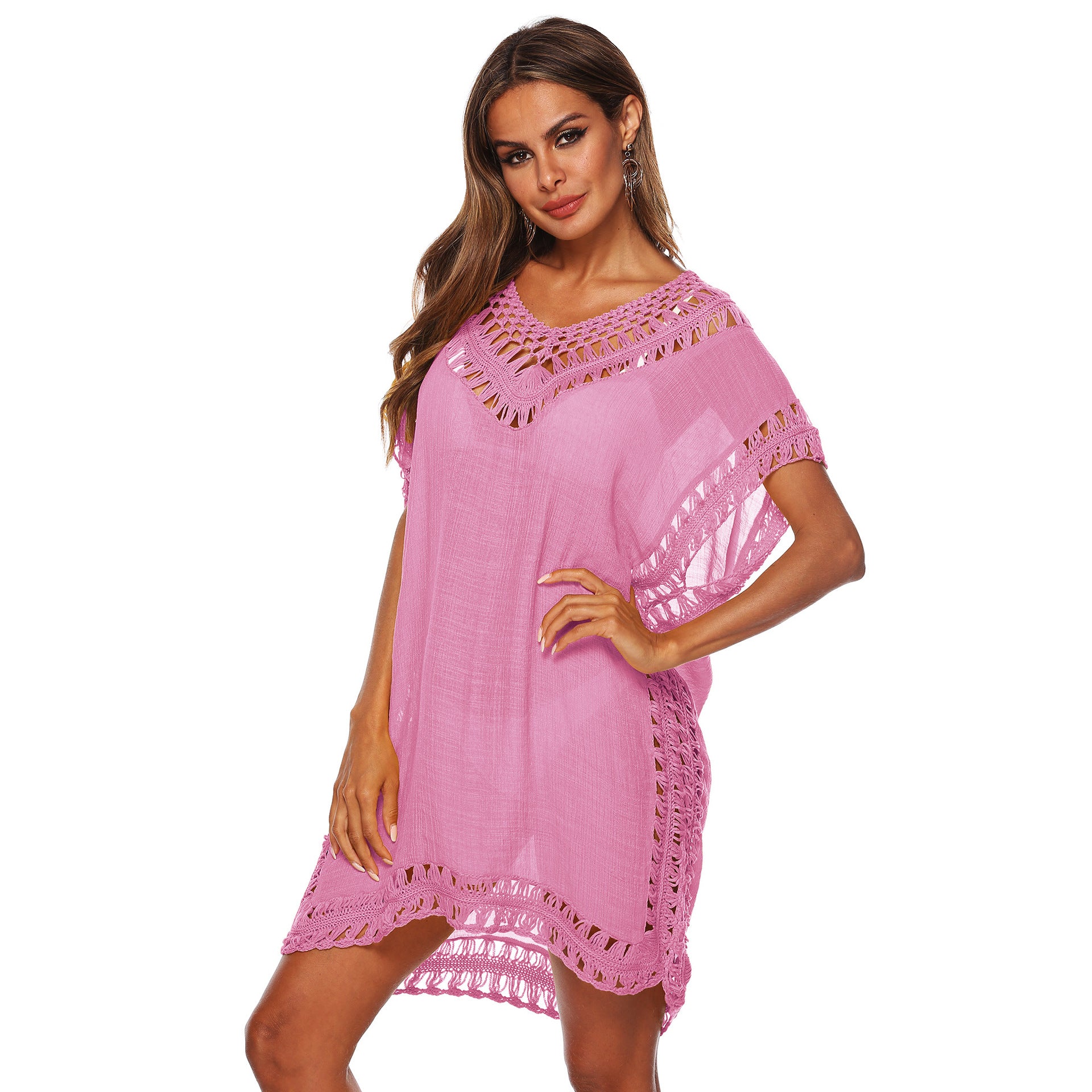 Solid Color V-Neck Crochet Beach Cover-Up Dress A1965