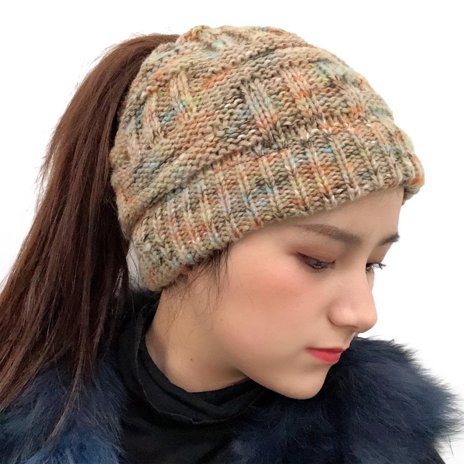 Colorful Bamboo Knit Ponytail Beanie Hat