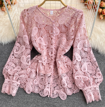 Retro Style Round Neck Hollow Crochet Lace Shirt