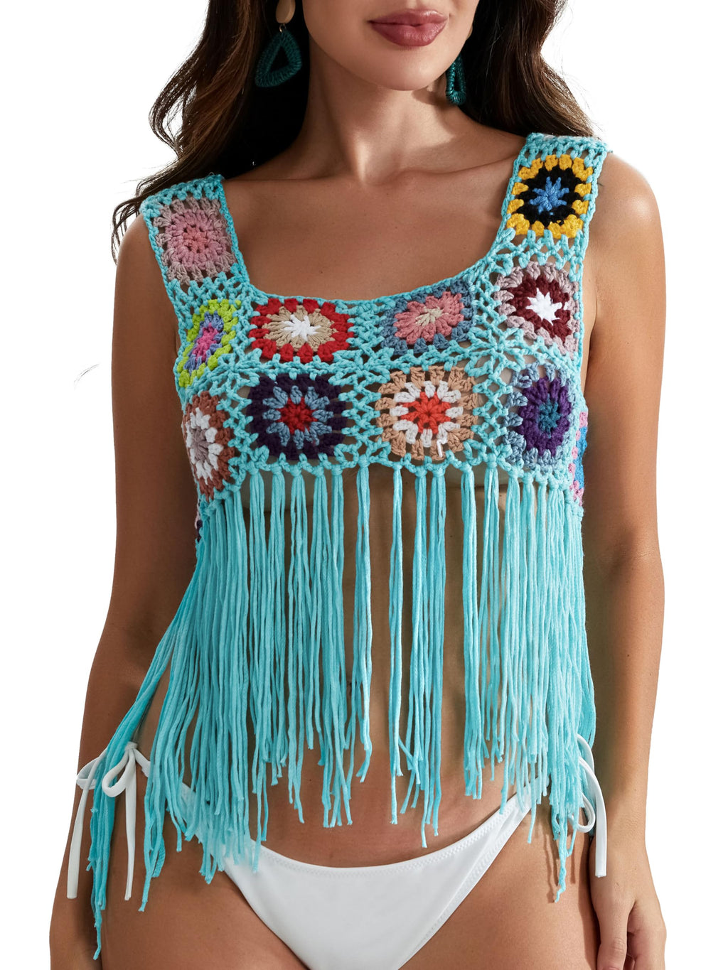 Gplno Womens Summer Scoop Neck Short Sleeve Sweater Casual Crochet Hollow Out Knit Beach Cover up (04_Blue)