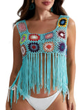 Gplno Womens Summer Scoop Neck Short Sleeve Sweater Casual Crochet Hollow Out Knit Beach Cover up (04_Blue)