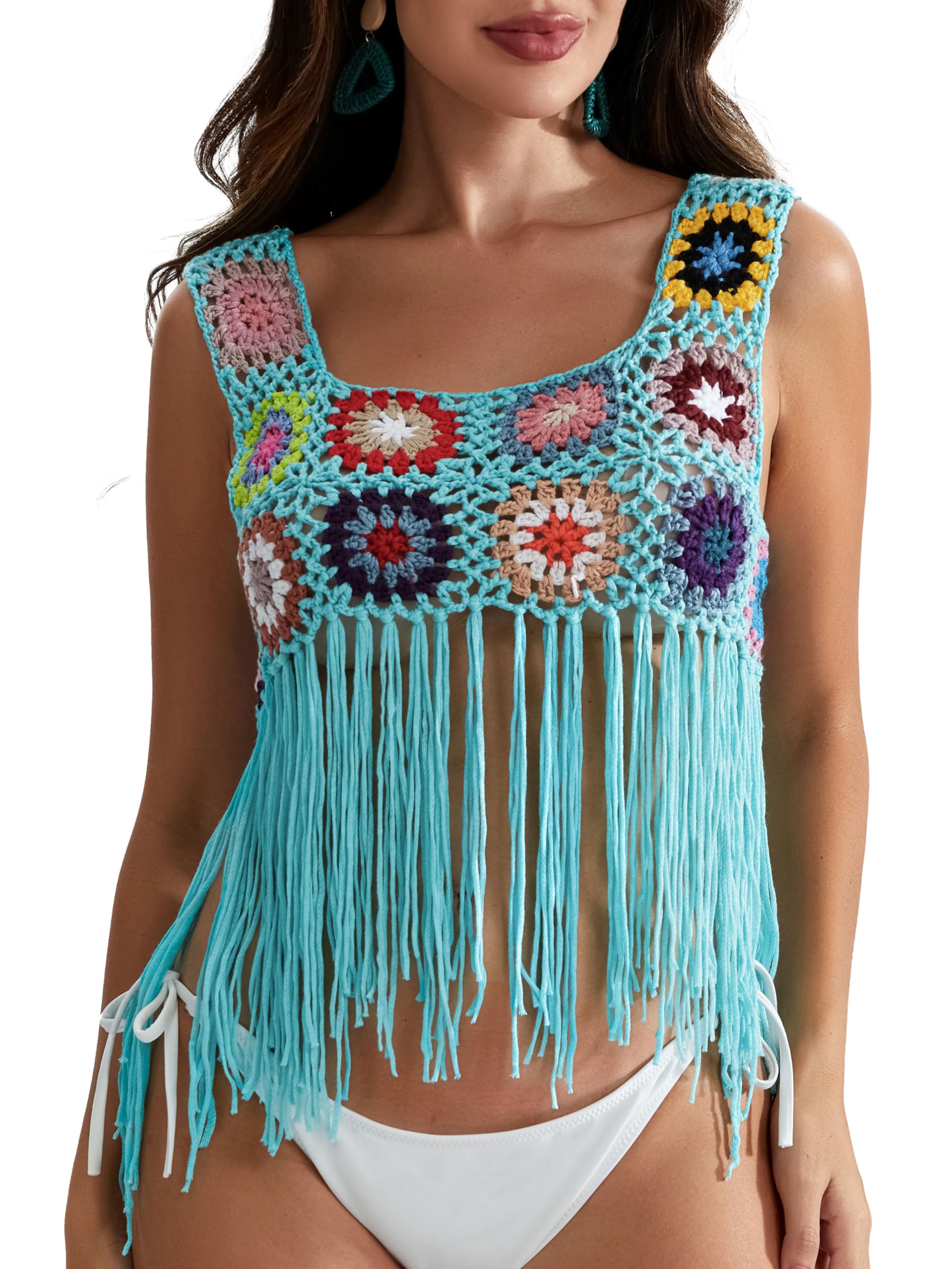 Gplno Womens Summer Scoop Neck Short Sleeve Sweater Casual Crochet Hollow Out Knit Beach Cover up (04_Blue)