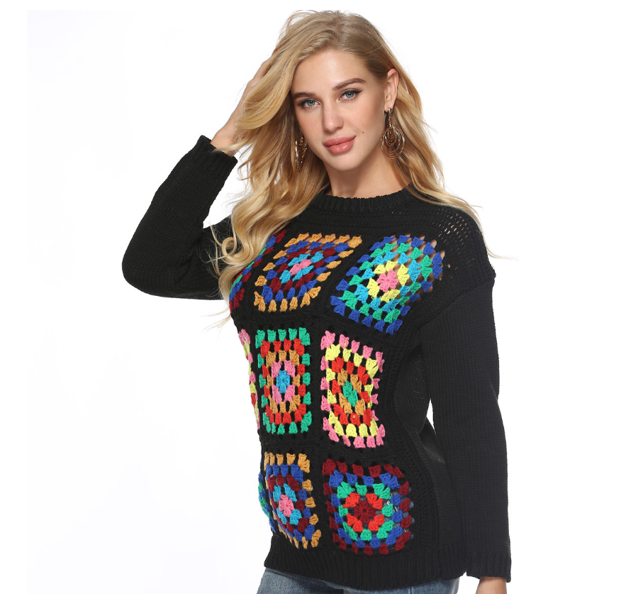 Sweater with Color Block Knitting and Crochet Design