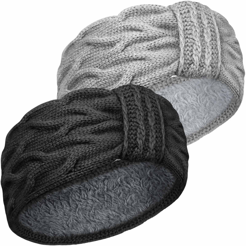 PROPOG Winter Headbands for Womens Hair Knitted Headband Women 2 PCS Chunky Ear Warmer Crochet Braided Ear Muffs Fleece Lined Elastic Wide Head Bands Adult Women Head Wraps for Sport Daily Wear