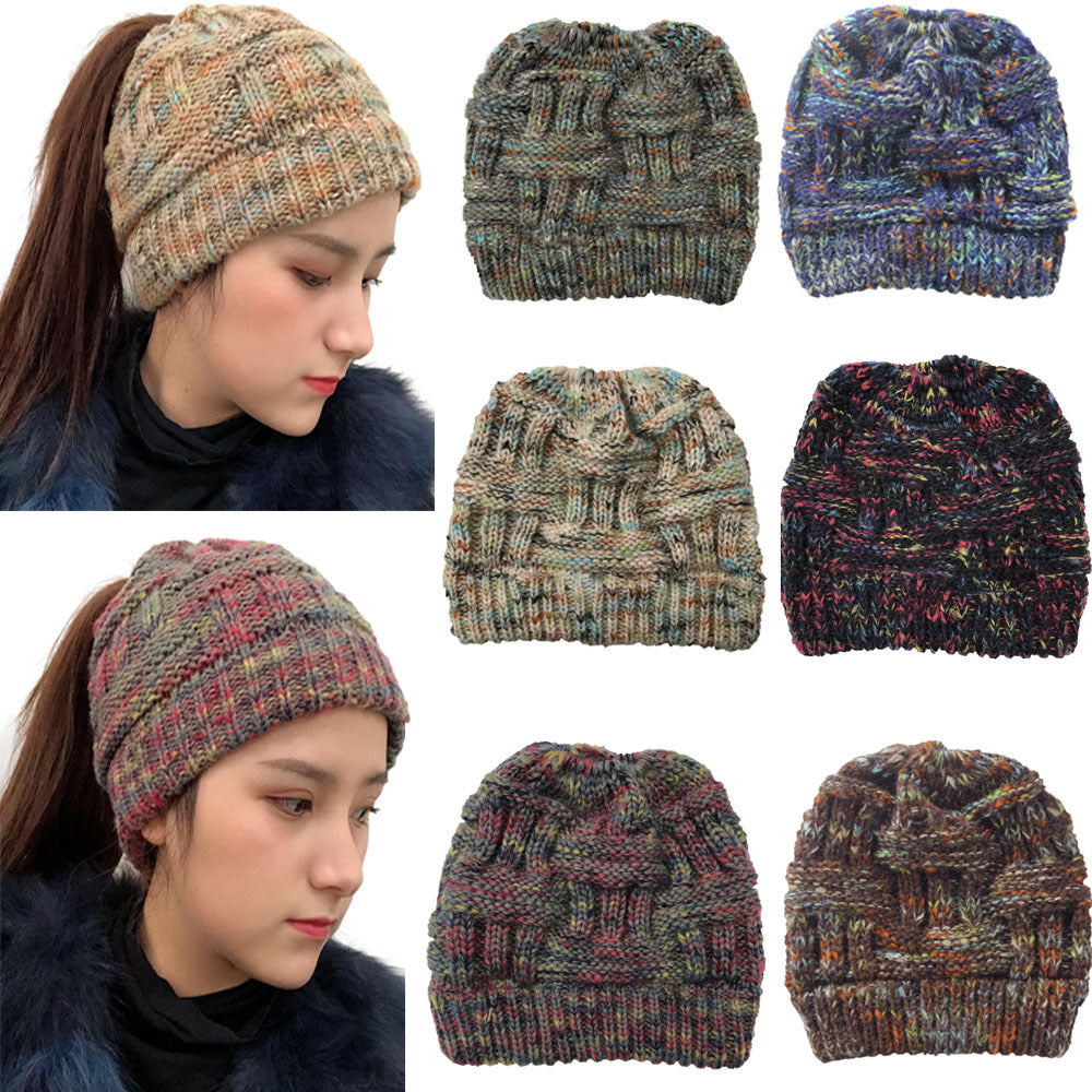Colorful Bamboo Knit Ponytail Beanie Hat