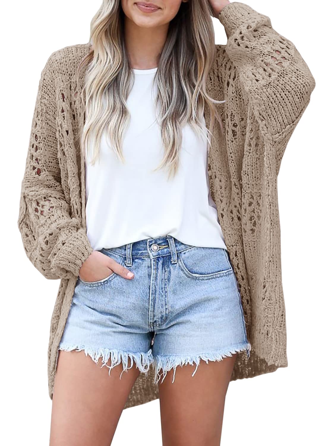 Womens Crochet Cardigan Sweater Kimonos Boho Solid Color Oversized Summer Open Front Outwear