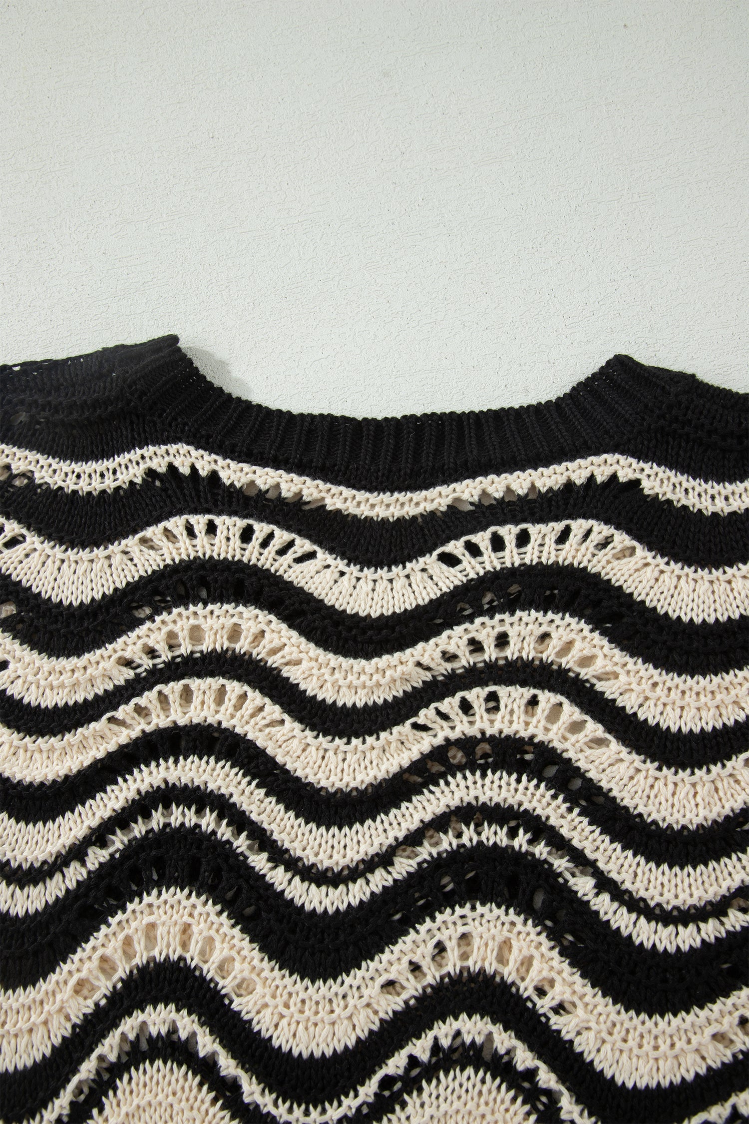 Wavy Stripe Ruffle 3/4 Sleeve Crochet Sweater