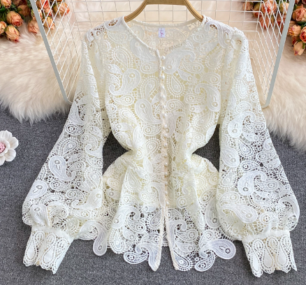 Retro Style Round Neck Hollow Crochet Lace Shirt