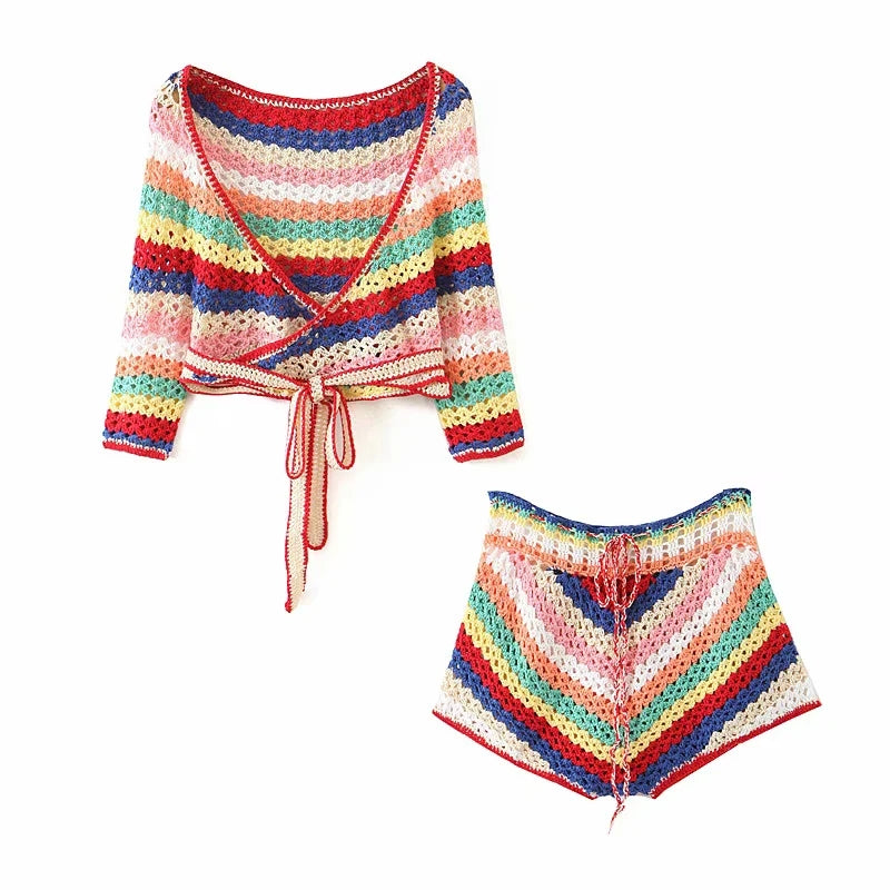 Colorful Striped Crochet Top and Shorts Set for Women