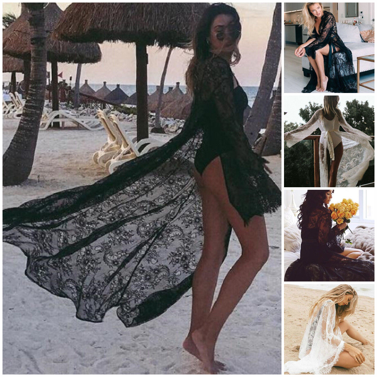 Women's Crochet Lace Long Sleeve Bikini Cover-Up Dress