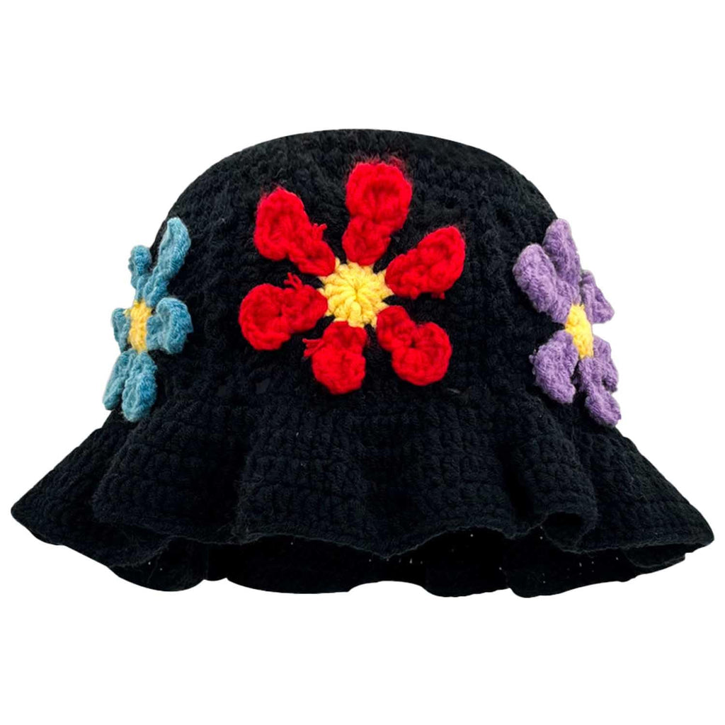 Ahouws Crochet Bucket Hat for Women Flower Knit Hat Hollow Out Foldable Cap Hats(Black+Colorful)