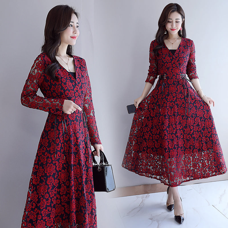Lace Hollow Crochet Long Sleeve Dress for Autumn