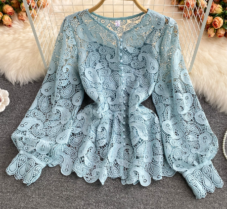Retro Style Round Neck Hollow Crochet Lace Shirt