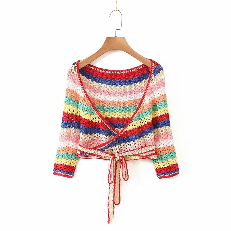 Colorful Striped Crochet Top and Shorts Set for Women