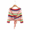 Colorful Striped Crochet Top and Shorts Set for Women