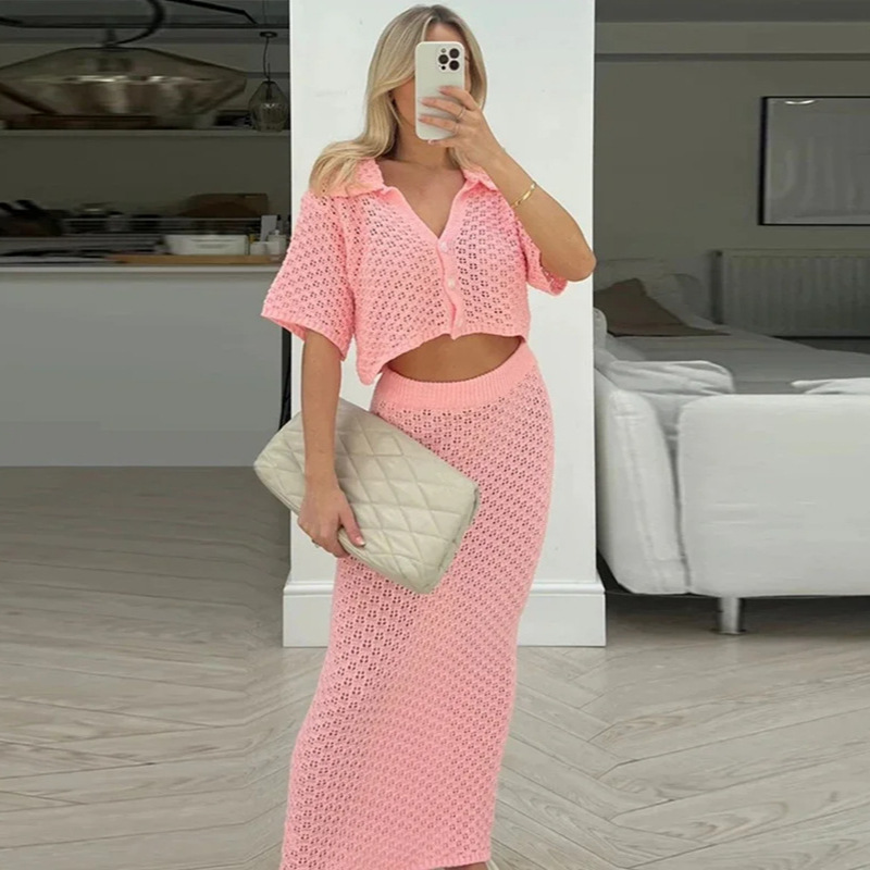 Knitted Crochet Two-Piece Skirt Set – Multi-Color Cardigan & Skirt