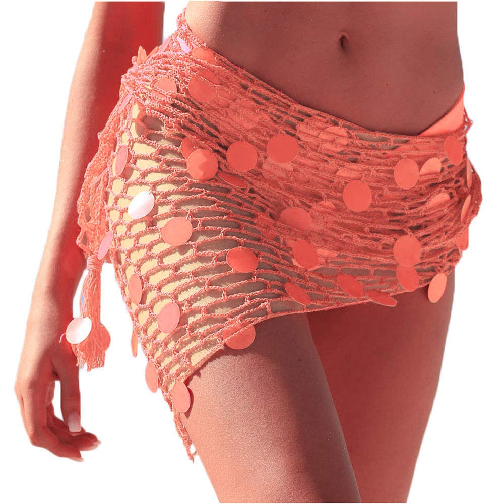 Women Hollow Out Crochet Cover Up Triangle Shawl Wrap Scarf Sarong Fishnet Skirt with Sequins