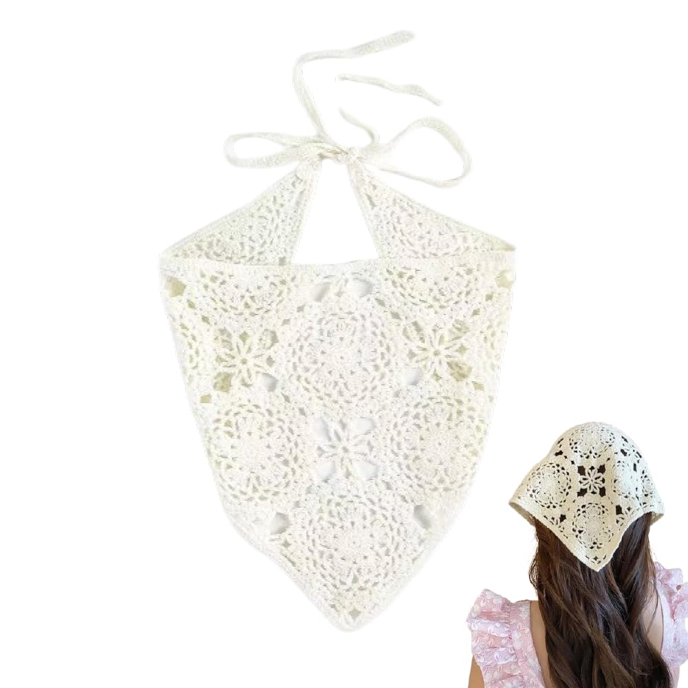 Voeveg Crochet Bandana for Women Crochet Headband Knitted Triangle Head Hair Scarf Cute Crochet Headbands for Women Boho Knit Lace Floral Mushroom Bandana Strawberry Headband Women Beige