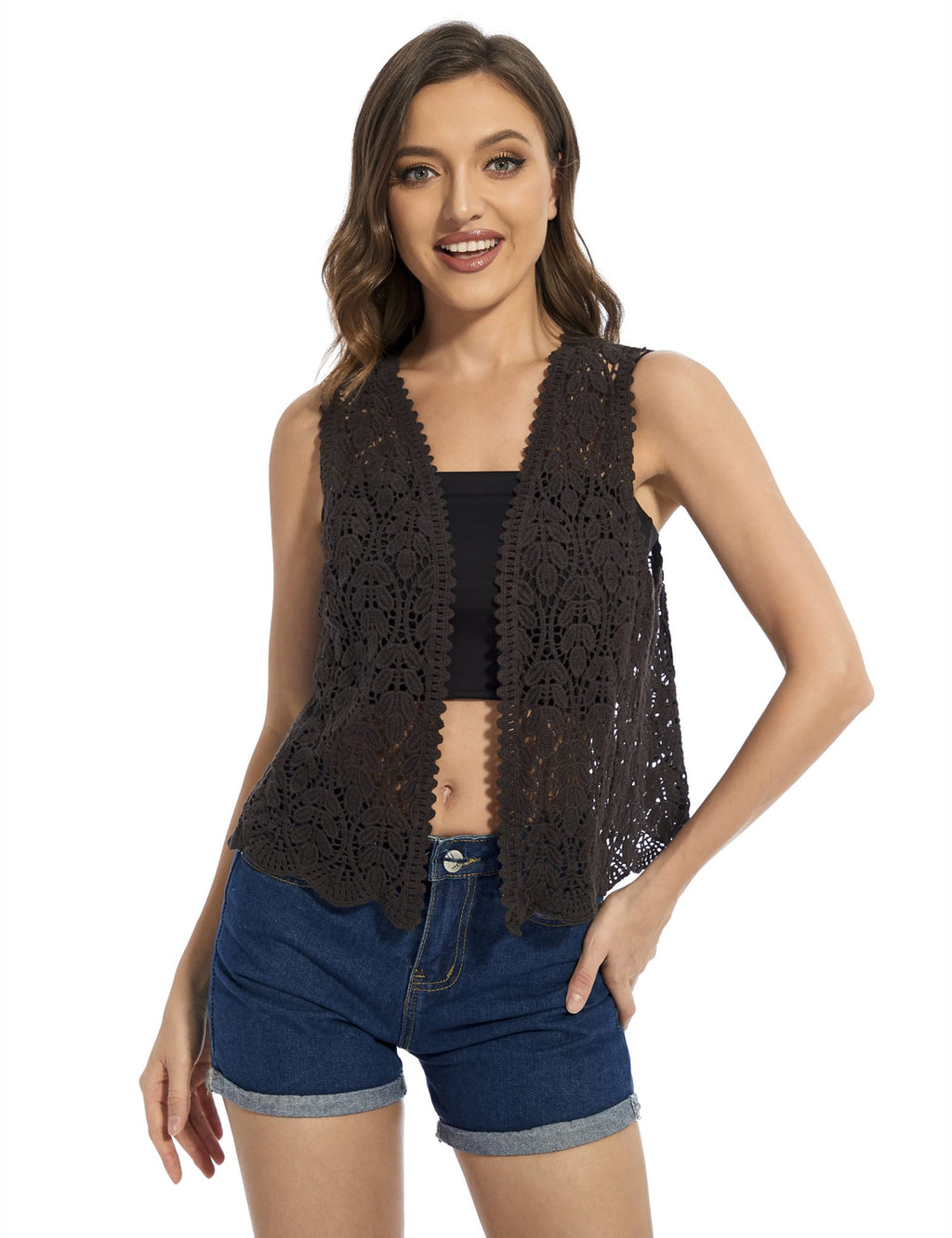 CMajorHan Womens Floral Crochet Lace Trim Sleeveless Open Front Vest Cardigan