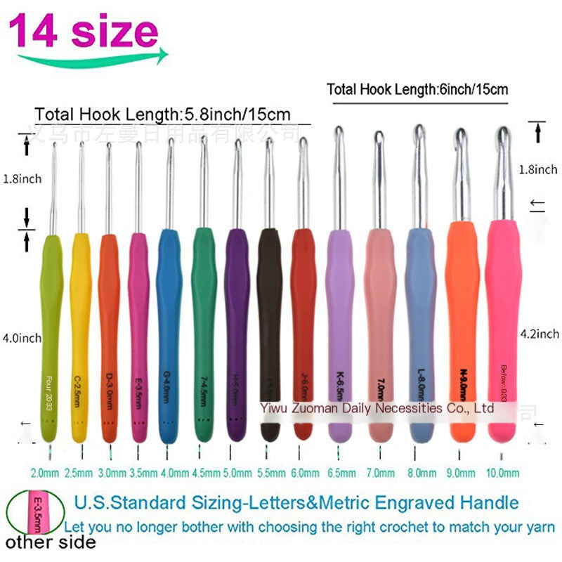 Colorful Handle Crochet Hook Set - 14 Long Aluminum Hooks