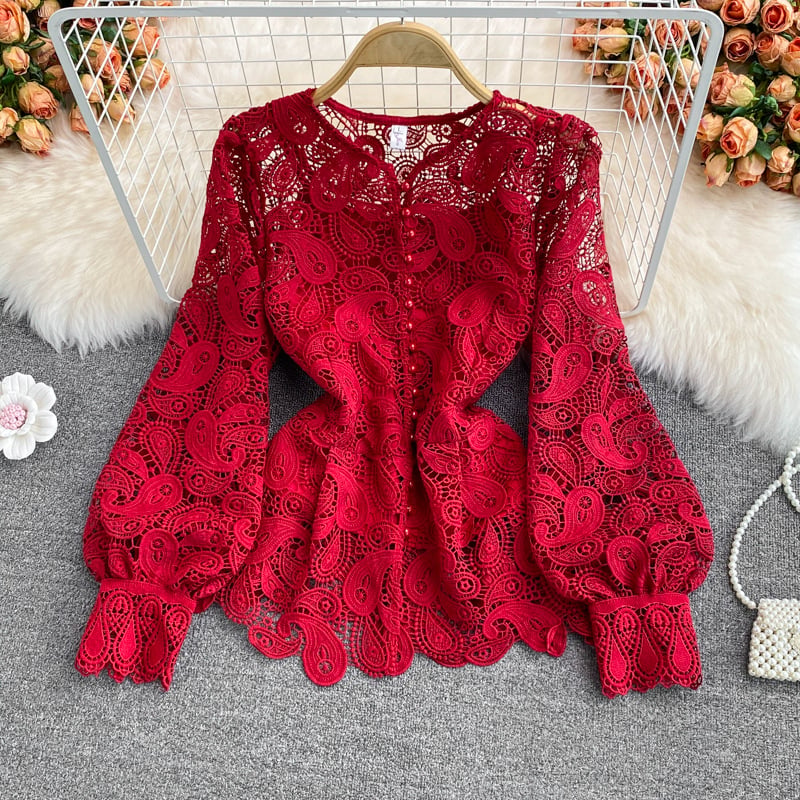Retro Style Round Neck Hollow Crochet Lace Shirt