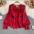Retro Style Round Neck Hollow Crochet Lace Shirt