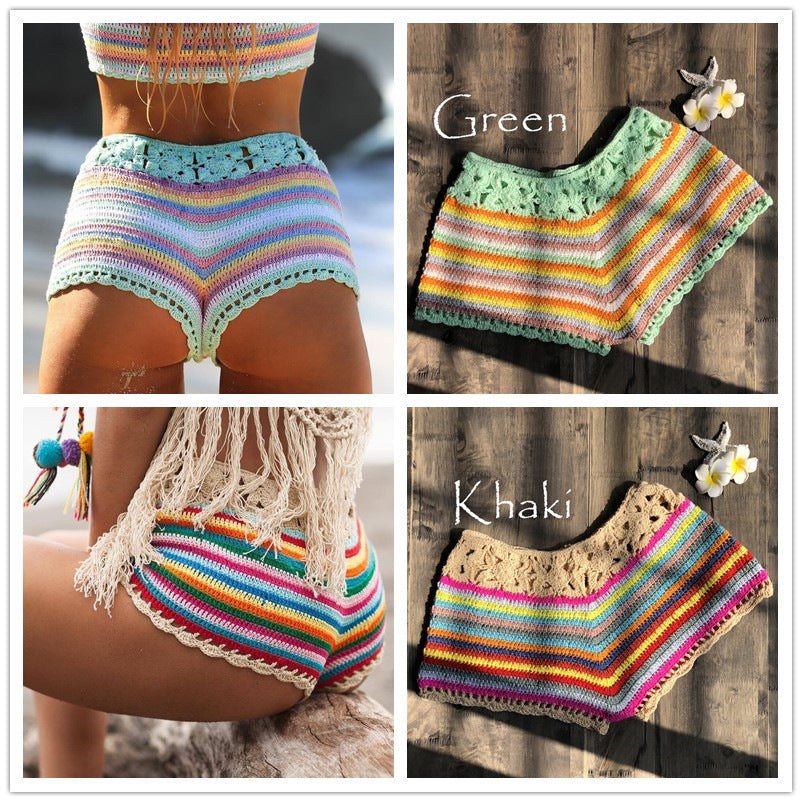 Color Striped Crochet Bikini Shorts for Women