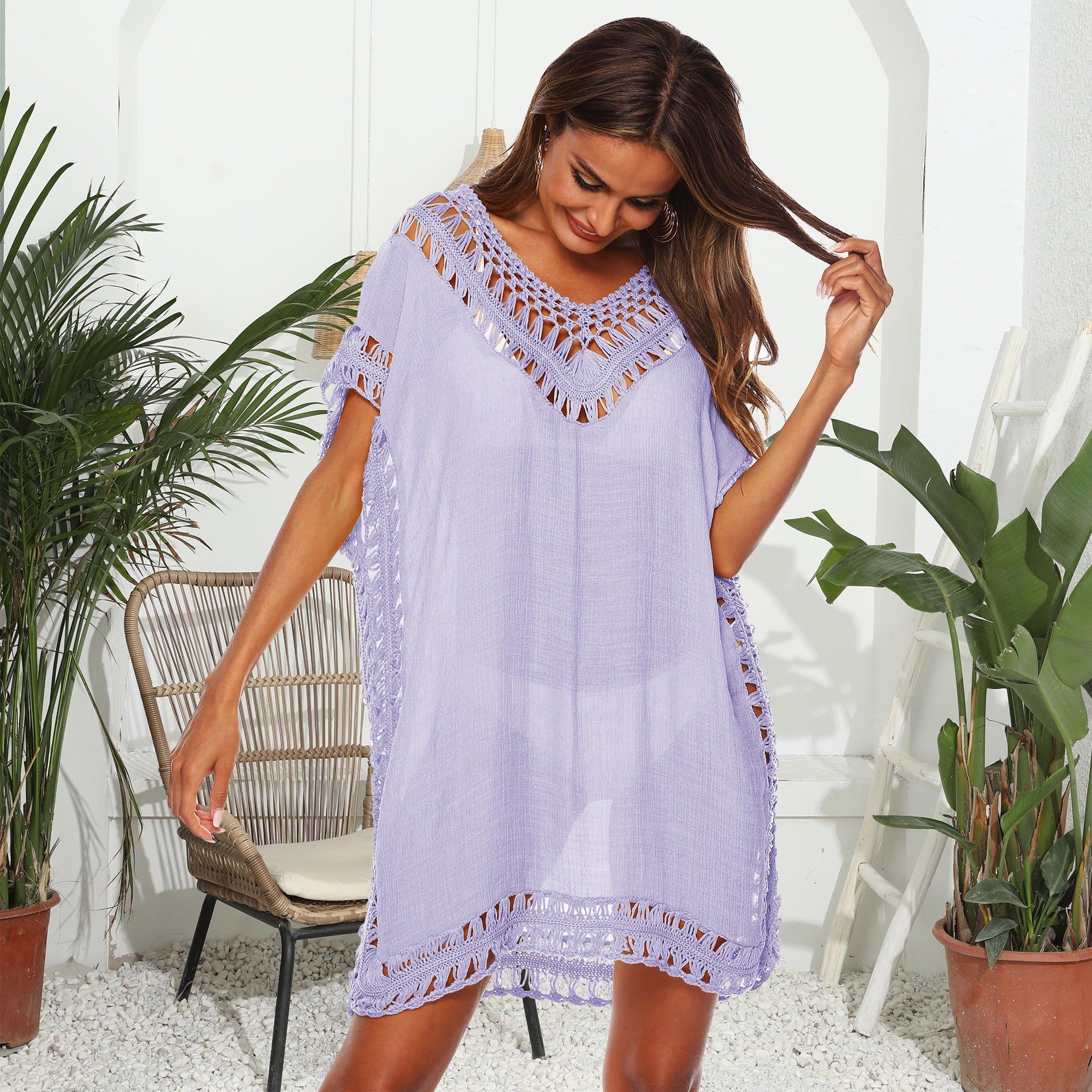 Solid Color V-Neck Crochet Beach Cover-Up Dress A1965