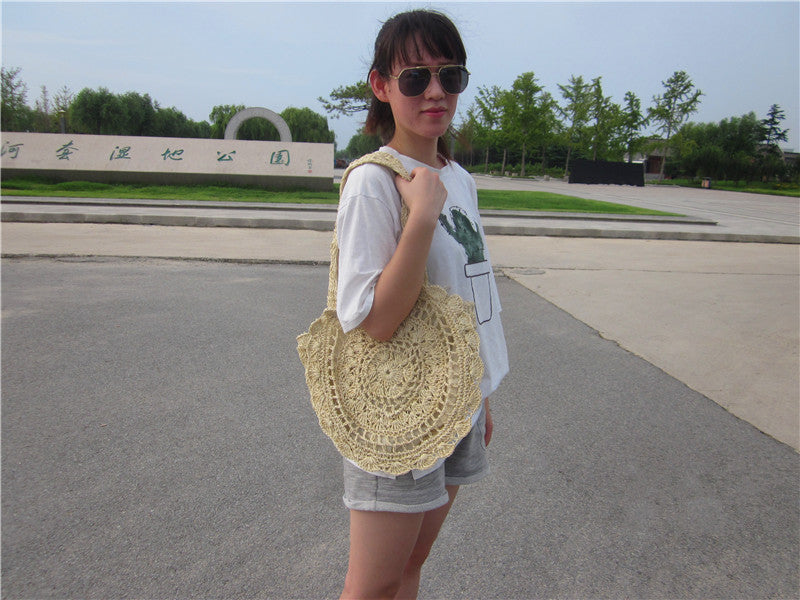 Woven Bag with Large Flower, Crochet Beach Tote