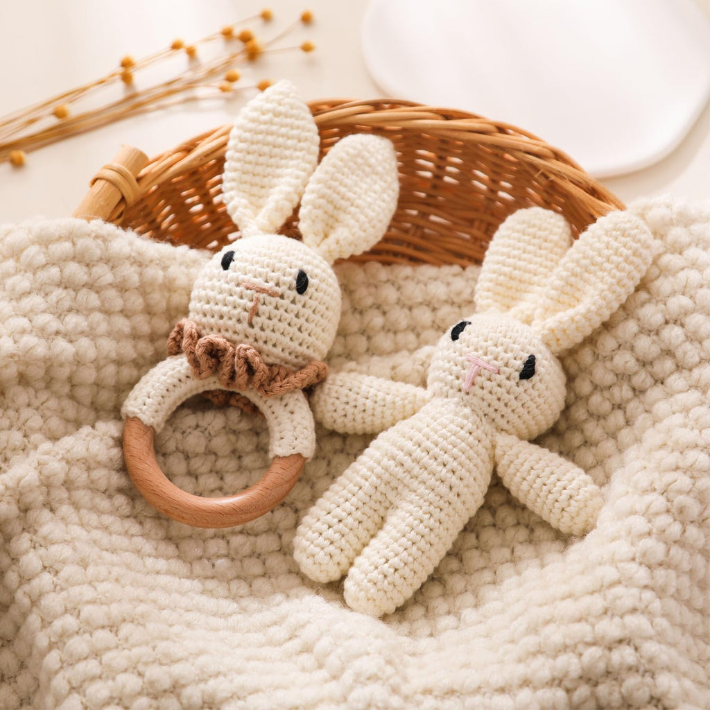 Wooden Baby Rattle Crochet Bunny Rattle and Crochet Bunny Doll Set Newborn Wooden Animal Rattle Toy Baby Wooden Rattle Toy 2PCS