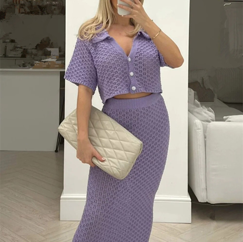Knitted Crochet Two-Piece Skirt Set – Multi-Color Cardigan & Skirt