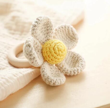 Crochet Flower Rattle with Wooden Ring (Single Piece)