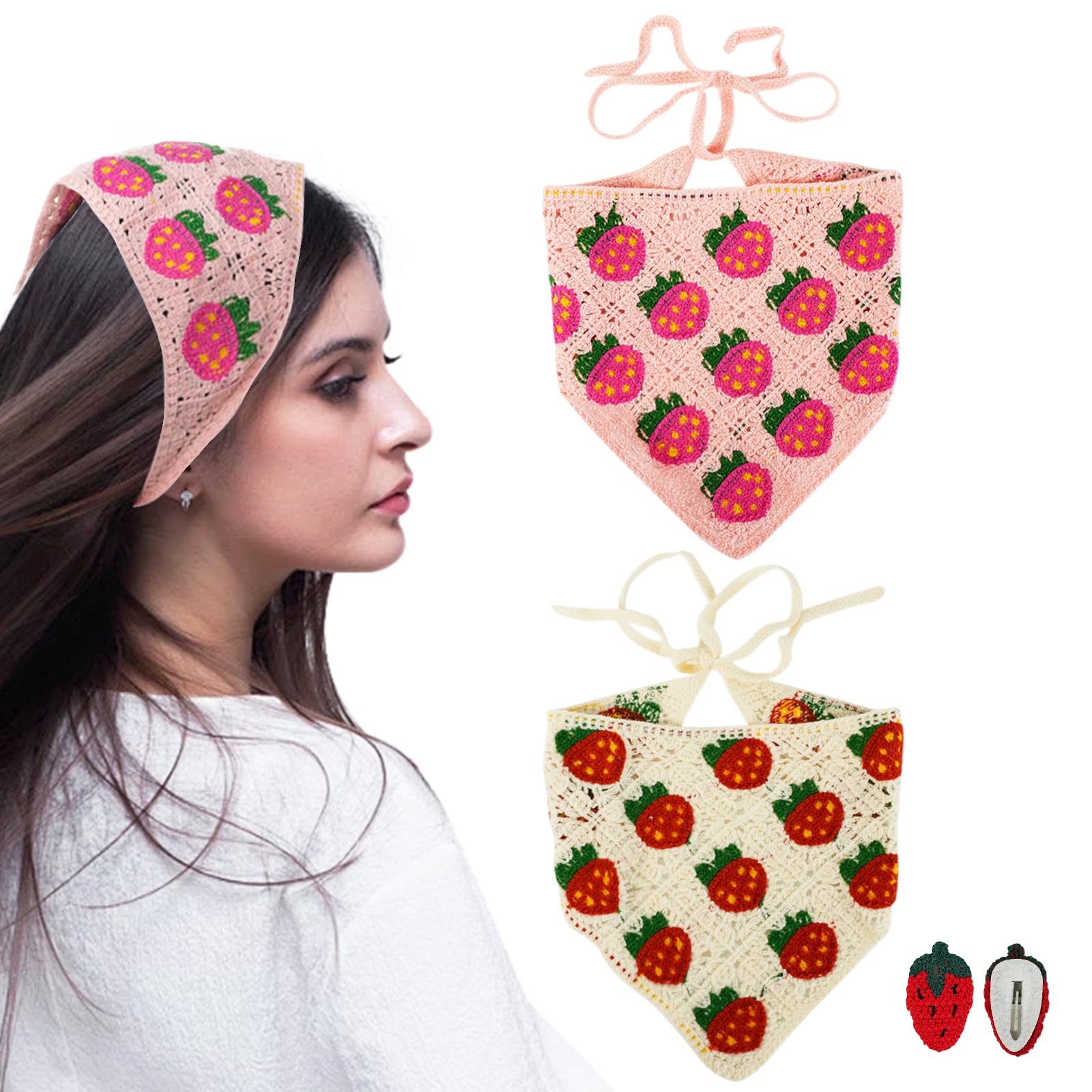4 PCS Hair Bandanas for Women Strawberry Head Scarf for Womens Hair with 2 Hair Clips Knitted Cute Hair Accessories for Stylish Decor Crochet Headband Hair Scarf for Girls(Pink and Beige)