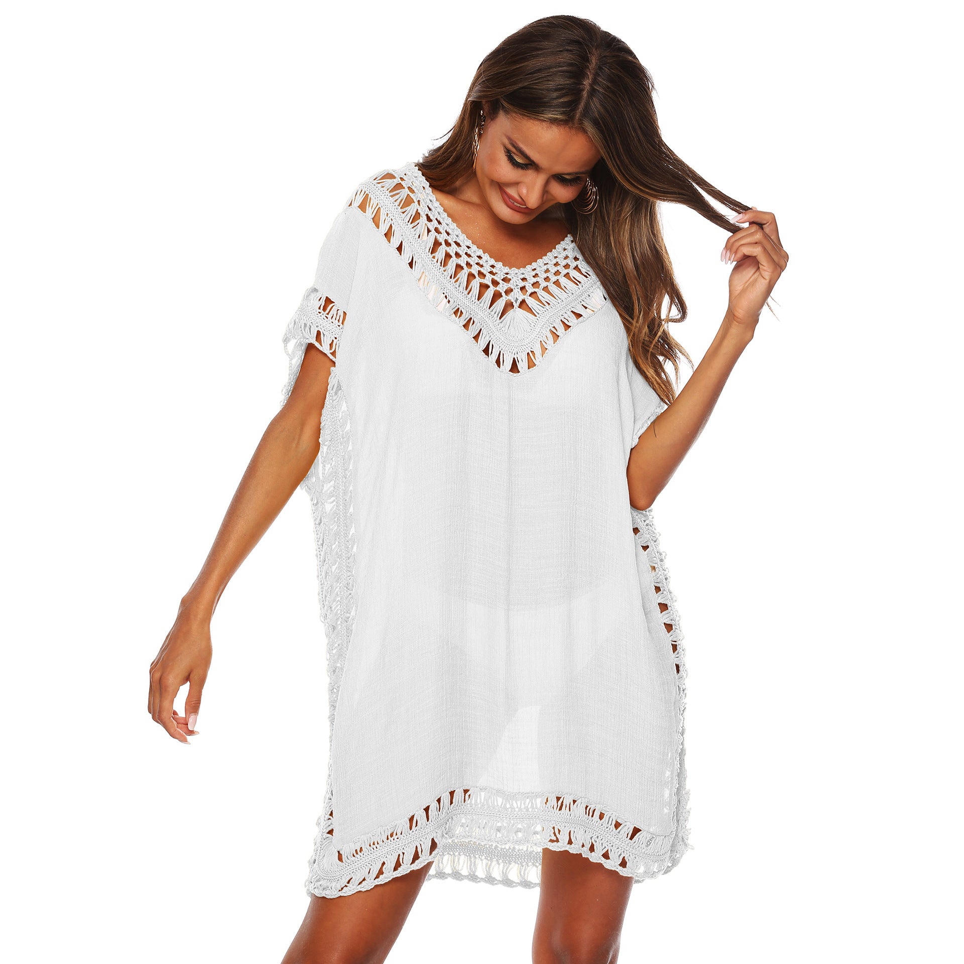 Solid Color V-Neck Crochet Beach Cover-Up Dress A1965