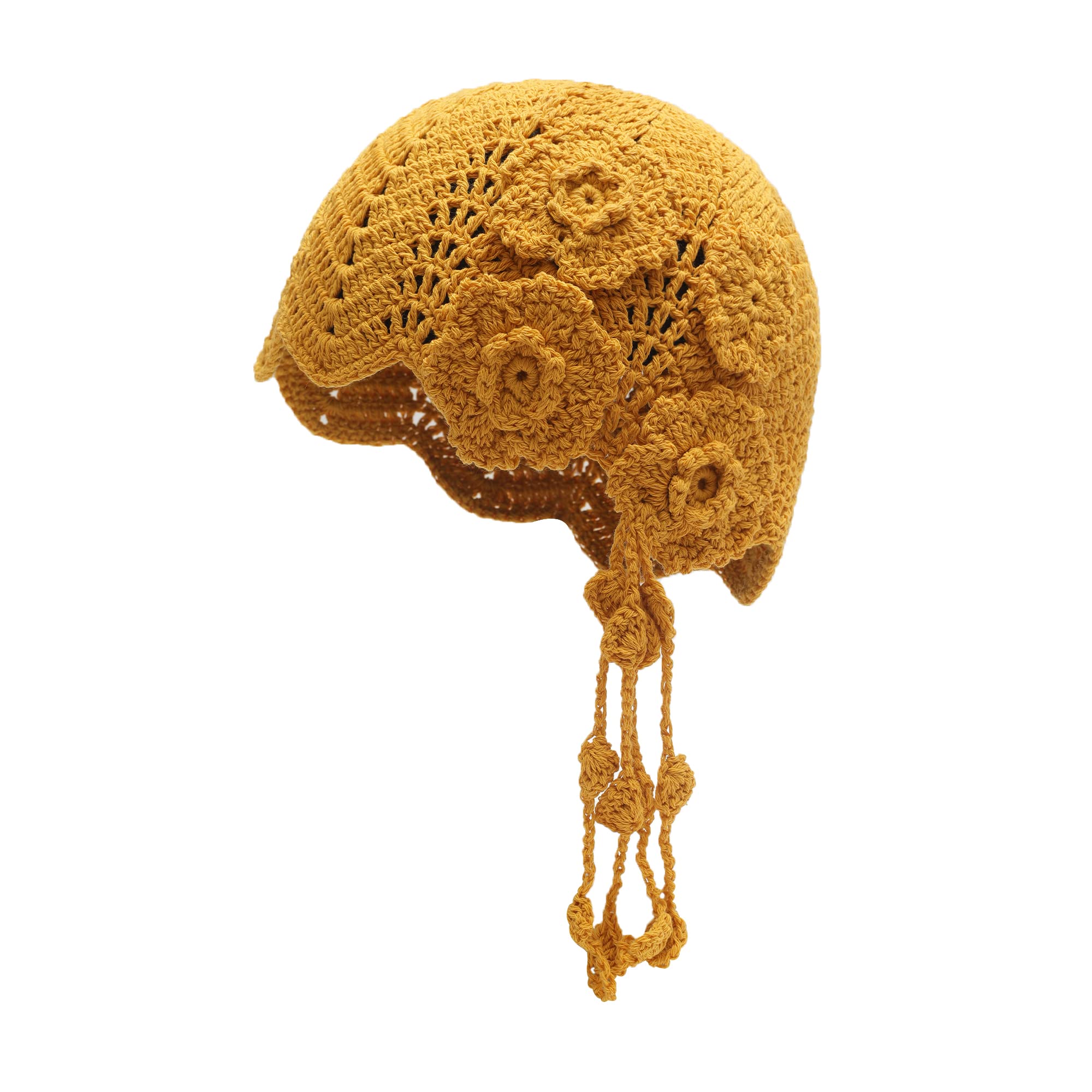 ZLYC Women Cotton Crochet Skull Cap Handmade Knit Cutout Floral Beanie Hat (Floral Yellow)