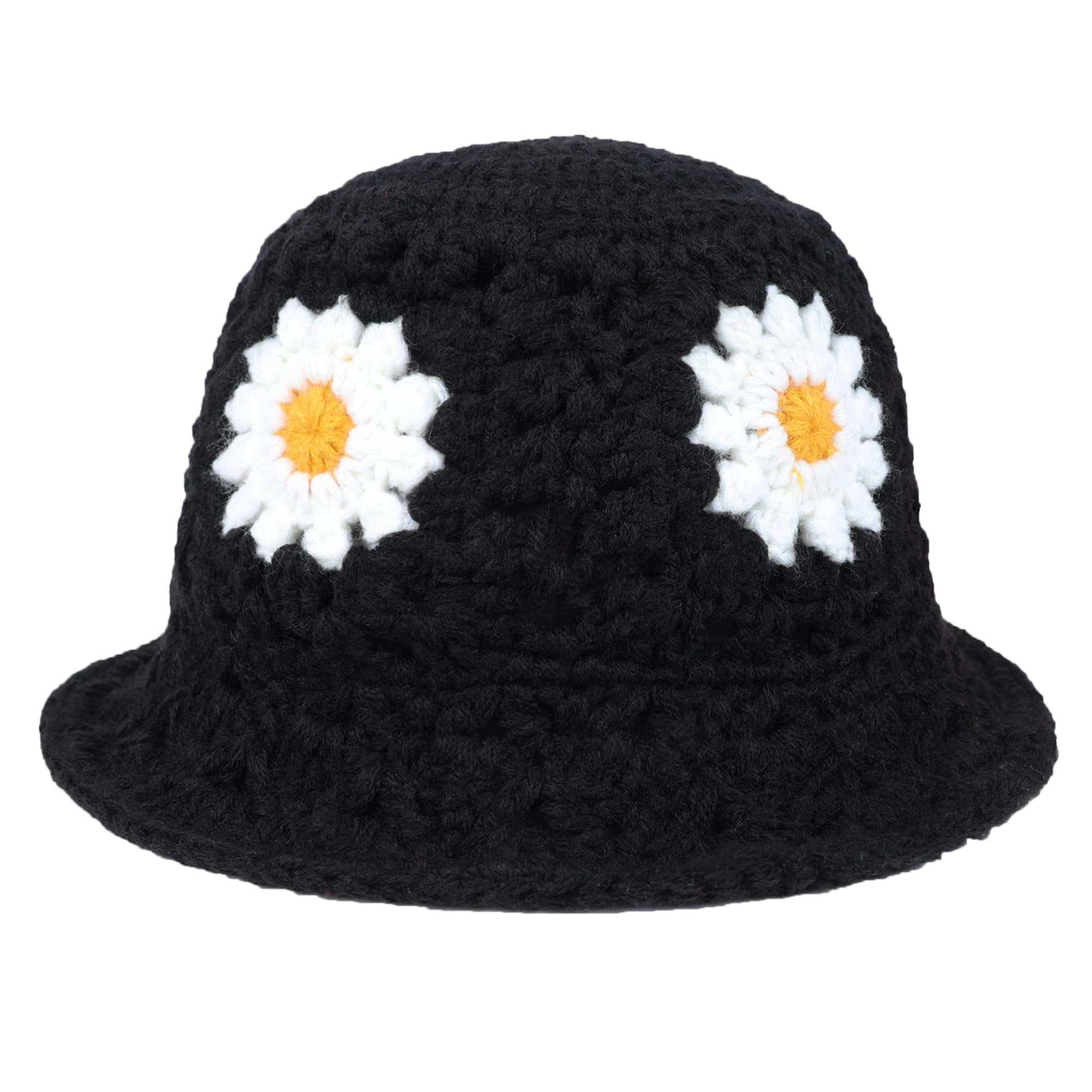 Daisy Flower Crochet Bucket Hat Packable Short Brim Knit Fisherman Hat for Women (Black)