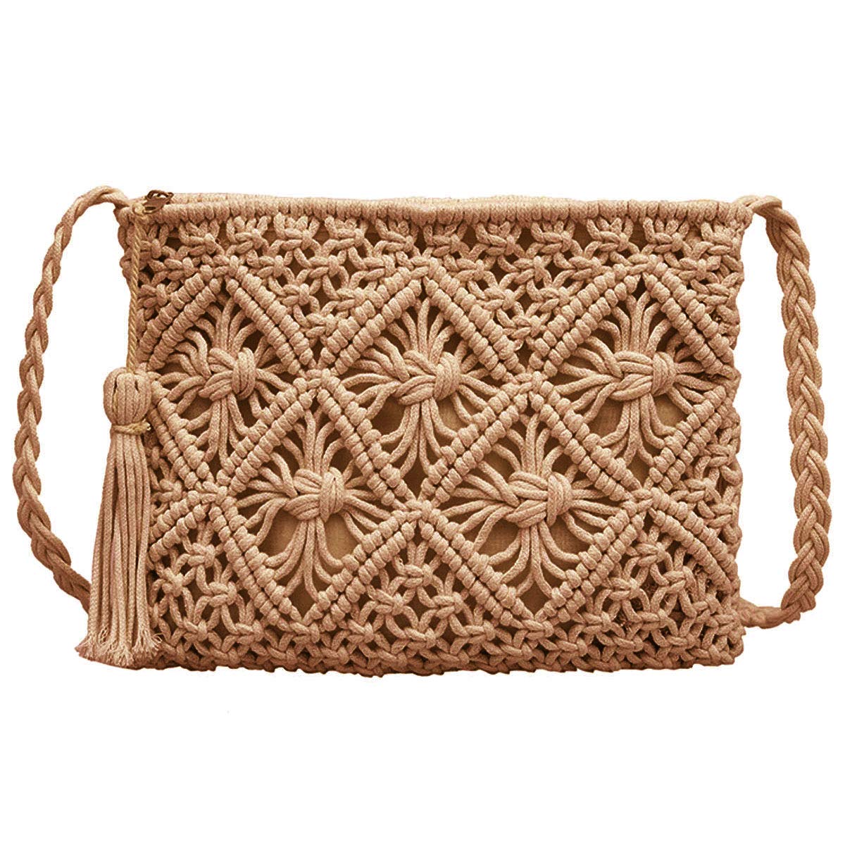 Van Caro Women Handwoven Crochet Beach Purse Bohemian Cotton Tassel Shoulder Bag Natural Chic HandLight Coffee