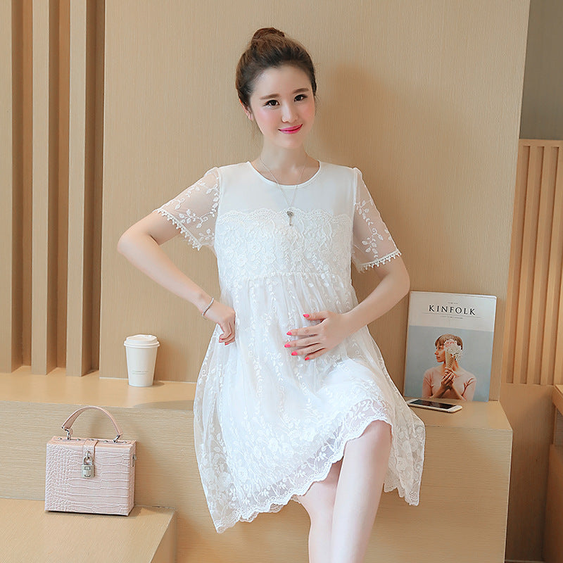New Summer Maternity Dress with Lace Crochet Top